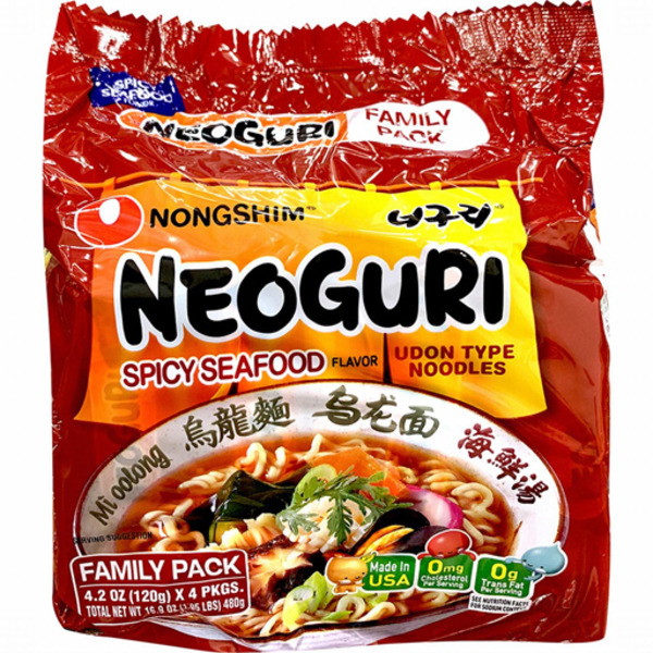 Nongshim Noodles, Udon Type, Spicy Seafood Flavor, Neoguri, Family Pack, 4 Pack