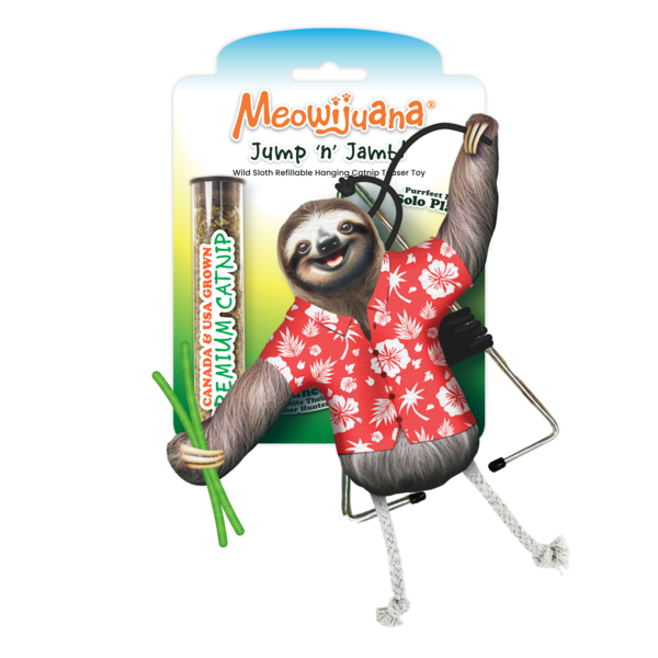 Meowijuana Jump 'n' Jamb Wild Sloth Hanging, Refillable Catnip Teaser Toy