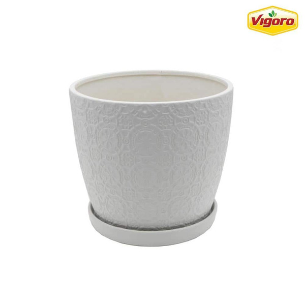 Vigoro Chrysanthemum Medium White Textured Ceramic Planter With Attached Saucer (10 In. L X 10 In. W X 9.3 In. H)