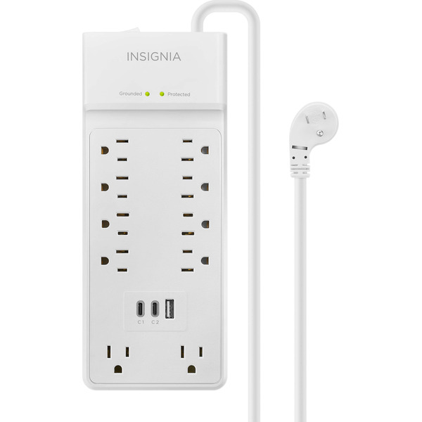 Insignia 10-Outlet 2-USB-C 1-USB 2,400 Joules Surge Protector Strip With 6 ft. Power Cord - White