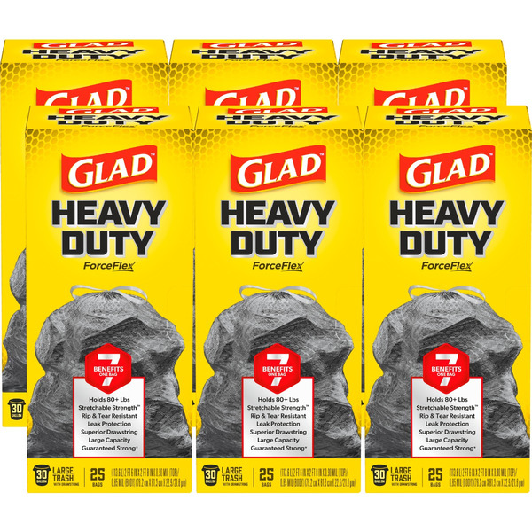 Glad ForceFlex Heavy Duty Large Drawstring Trash Bags, Hold 80+ Pounds, 30 Gallon, 25 Count, Pack of 6