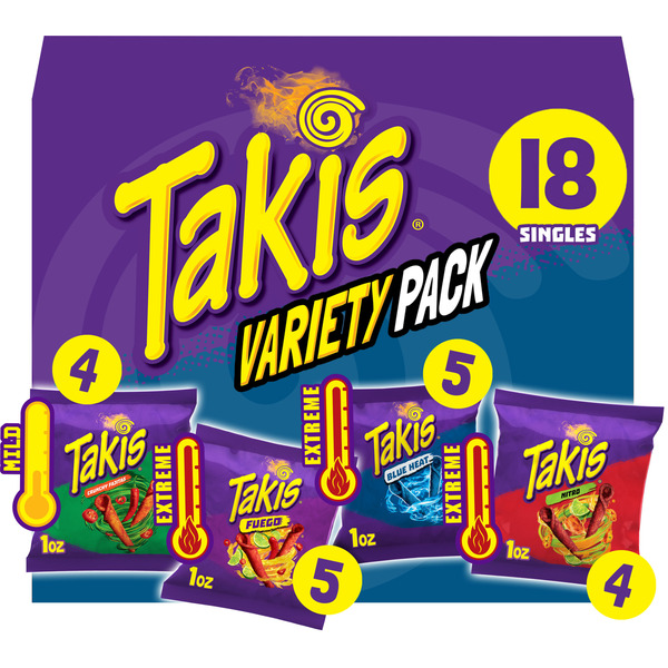 Takis 18 pc / 1 oz Variety Pack, Assorted Flavored Mixed Rolled Tortilla Chips – (5) Fuego 1 oz, (5) Blue Heat 1 oz, (4) Nitro 1 oz, (4) Crunchy Fajitas 1 oz