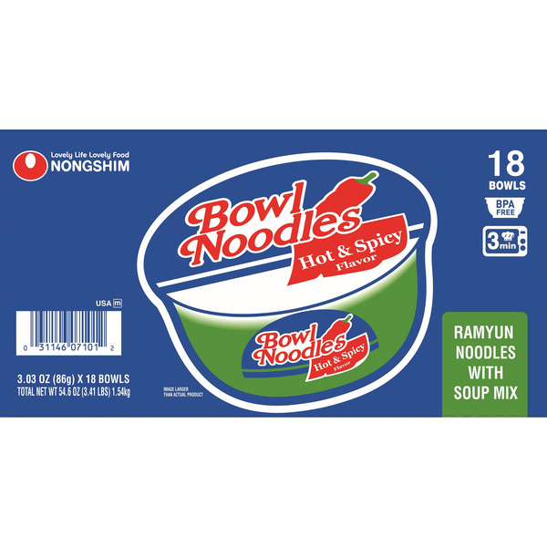Nongshim, Hot & Spicy Ramyun Noodle Bowl, 3.03 oz, 18-count