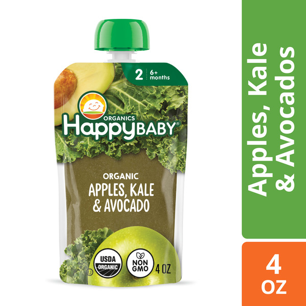 Happy Baby Organics Organics Stage 2 Baby Food Pouches, Gluten Free, Vegan & Healthy Snack, Clearly Crafted Fruit & Veggie Puree, Apples, Kale & Avocados, 4 oz.