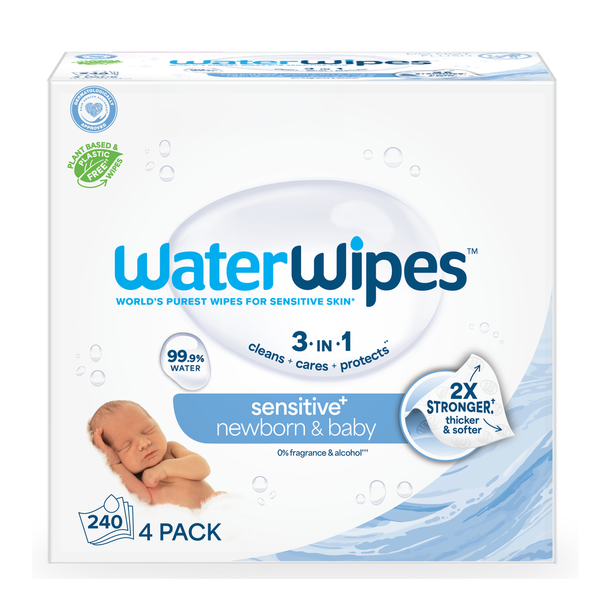 WaterWipes Sensitive+ Newborn & Baby Wipes, 3-In-1 Cleans, Cares, Protects, 99.9% Water