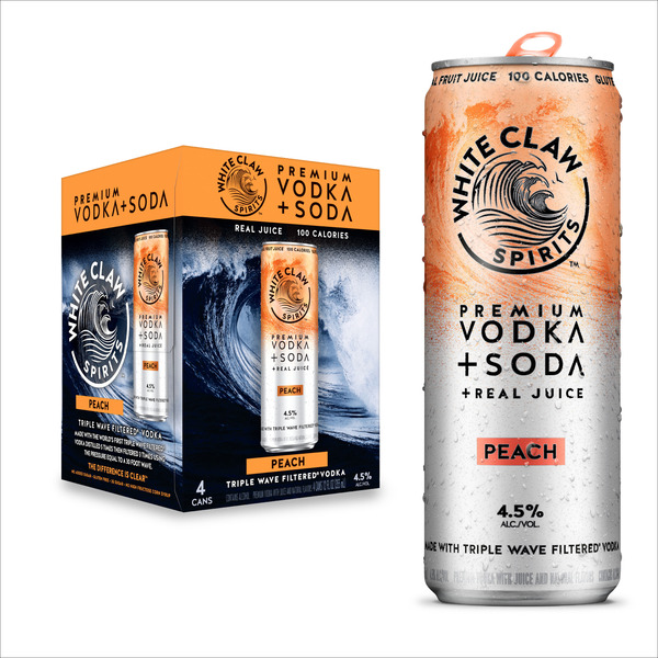 White Claw Spirits RTD Vodka + Soda Peach, 4 Pack, 12 fl oz Cans