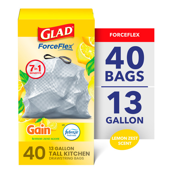 Glad ForceFlex Tall Kitchen Drawstring Trash Bags, 13 Gallon, Gain