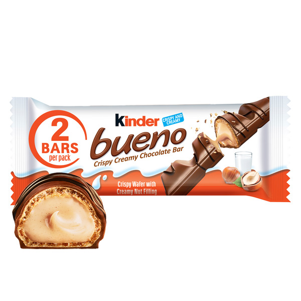 Kinder Bueno Milk Chocolate Bars with Crispy Wafer and Hazelnut Cream, 2 Bars per Pack, 1.5 oz Each