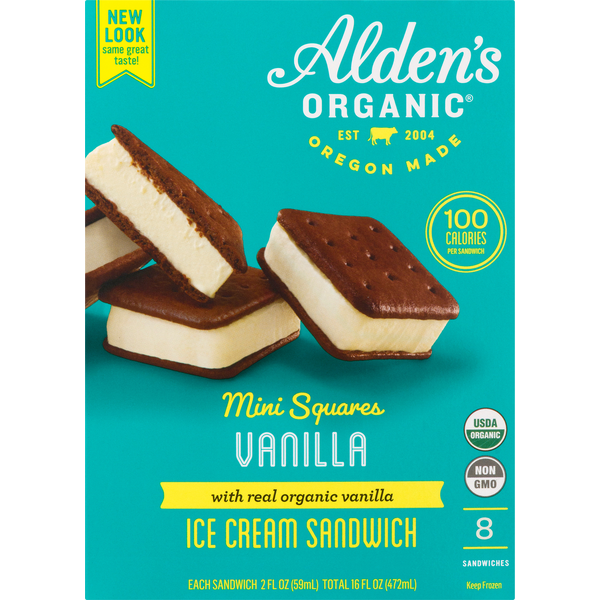 Aldens Organic Ice Cream Sandwich, Vanilla, Mini Squares (8 each