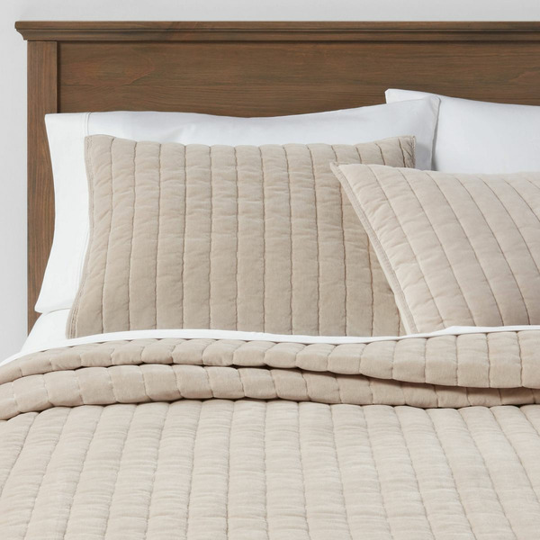 Threshold Channel Stitch Velvet Quilt, King - Natural