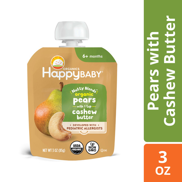 Happy Baby Organics Nutty Blends Stage 2, Pears & Cashew Butter, Allergen Introduction in Baby Appropriate Texture, for 6+ Months, 3 oz.