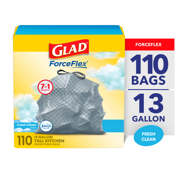 Glad ForceFlex Tall Kitchen Drawstring Trash Bags, 13 Gallon, Fresh Clean