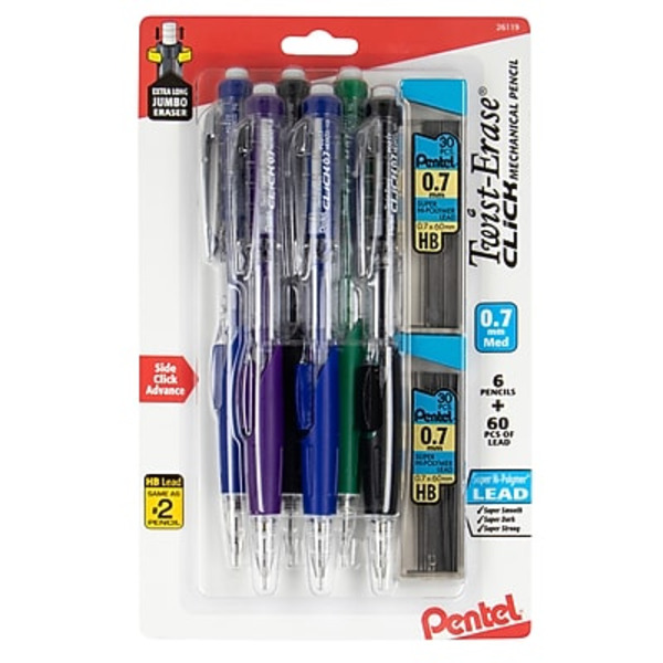 Pentel Twist-Erase PD277TLBPS6M 0.7mm Assorted Colors Click Mechanical Pencil