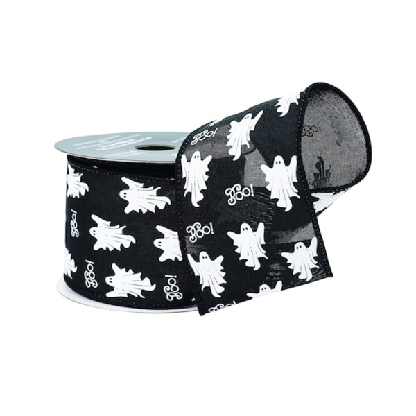 Celebrate It Boo Ghost Taffeta Wired Ribbon, 2.5 in x 6.6 yd - Black & White
