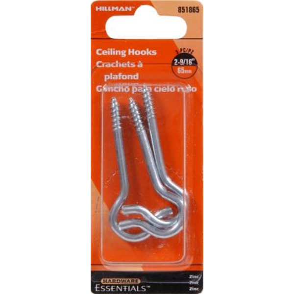 Hillman Hardware Essentials 25 lb. 0.162 in. x 2-9/16 in. Ceiling Hooks, Zinc, 3-Pack