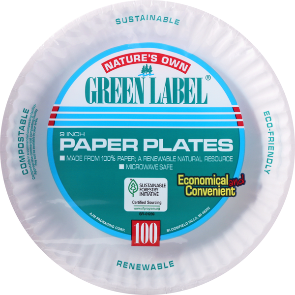 Natures Own Green Label Paper Plates, 9 Inch Same-Day Delivery or