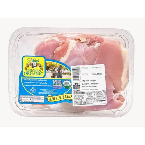 Plastic tray with clear lid showing raw chicken thighs and labels.