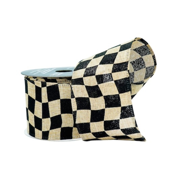 Celebrate It Wavy Black Check Wired Faux Linen Ribbon, 2.5 in x 6.6 yd