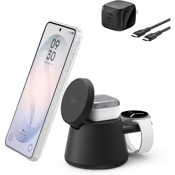 Belkin 3-in-1 UltraCharge Modular Charging Dock with Qi2 25W for iPhone, Smartphone, Earbuds & Apple Watch - Black