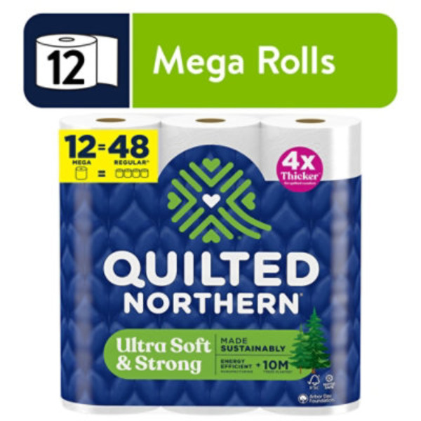QUILTED NORTHERN ULTRA SOFT & STRONG TOILET PAPER, 12 MEGA ROLLS