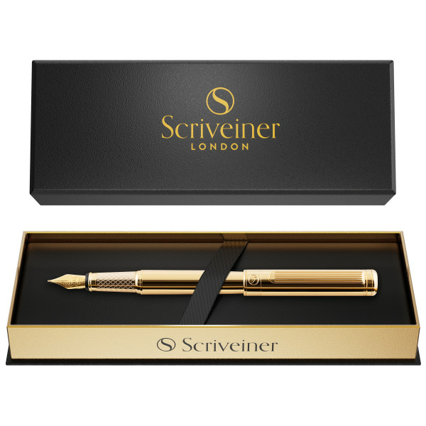 Scriveiner Black & Blue Ink Gold Barrel Medium Point Classic Fountain Pen