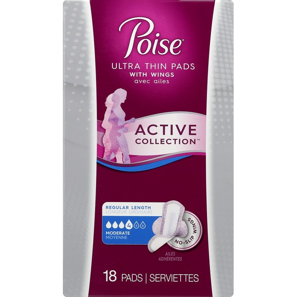 Poise Pads, with Wings, Ultra Thin, 4 (Moderate), Regular Length (18