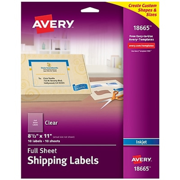 Avery 18665 8.5" x 11" Clear Matte Inkjet Full Sheet Shipping Labels