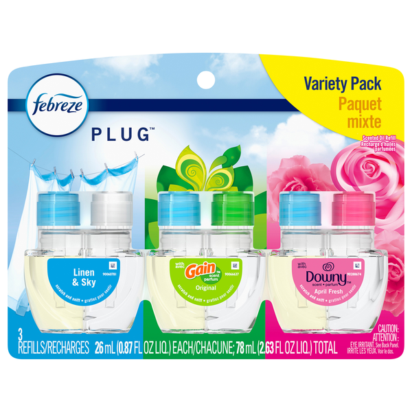 Febreze 2.63 Oz Variety Pack Linen, Gain Original, And April Fresh Scented Oil Plug-in Automatic Air Freshener Refill (3-count)