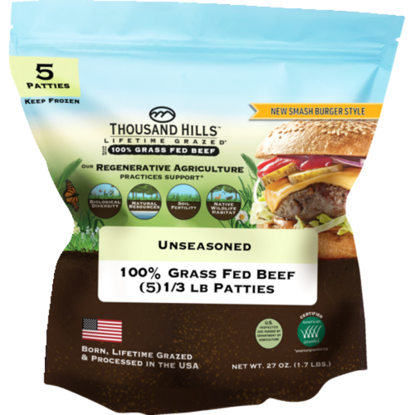 Thousand Hills Lifetime Grazed Unseasoned 100% Grass Fed Beef Patties 5 Pack