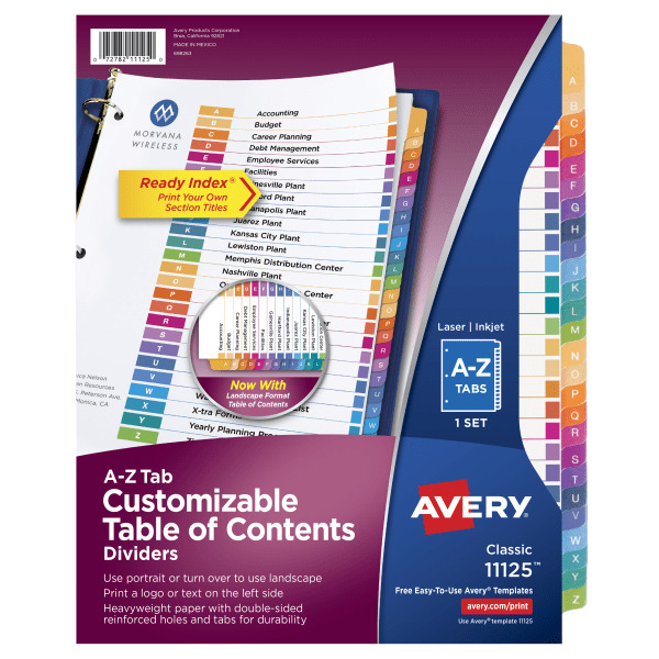 Avery 11125 A-Z Multicolor Ready Index Table of Content Dividers for Laser & Inkjet Printers