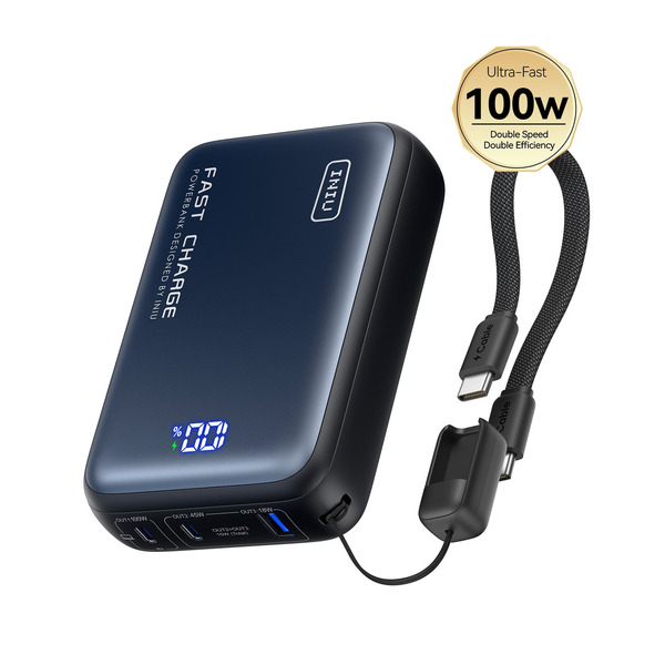 INIU Leopard Power 25000 mAh PD 100W Fast Charging Power Bank With attached USB-C Cable - Black