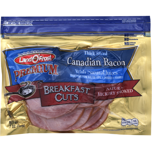Land O’Frost Canadian Bacon, Natural Hickory Smoked, Breakfast Cuts, with Natural Juices, Premium, Vacuum Packed