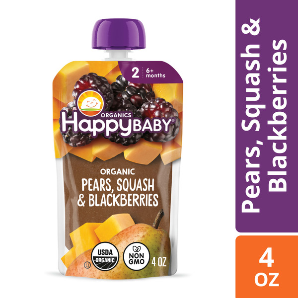 Happy Baby Organics Organics Stage 2 Baby Food Pouches, Gluten Free, Vegan & Healthy Snack, Clearly Crafted Fruit & Veggie Puree, Pears, Squash & Blackberries, 4 oz.