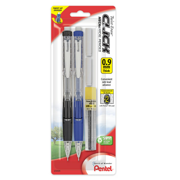 Pentel 0.9mm Hi-Polymer HB Lead 59% Recycled Assorted Barrel Colors Twist-Erase Click Mechanical Pencils,