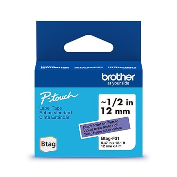 Brother P-touch Btag Black on Purple Label Tape, 1/2 in x 13.1 ft