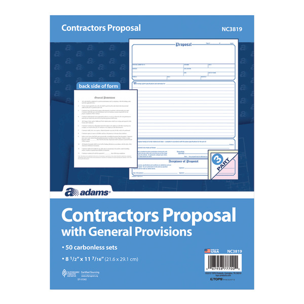Adams NC3819 8.5" x 11.44" 3-Part Carbonless Contractor Proposal Forms Pack