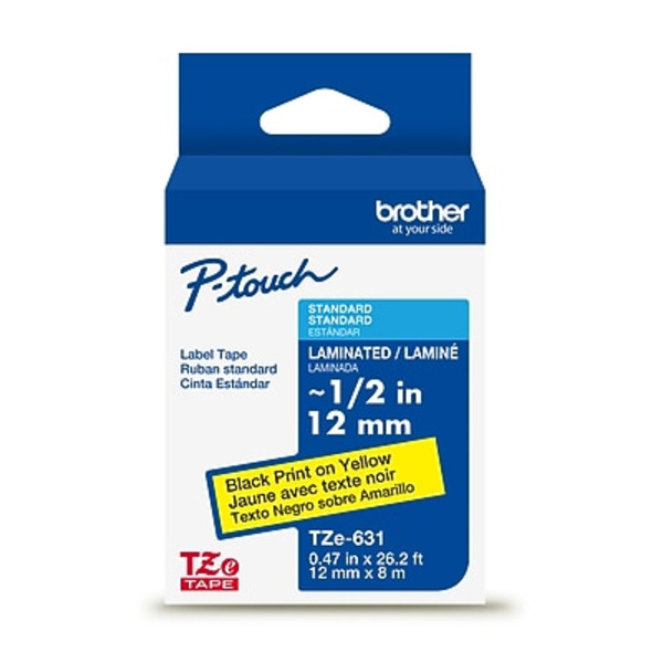 Brother P-Touch Laminated Label Tapes, 1/2 in x 26.2 ft - Black & Yellow