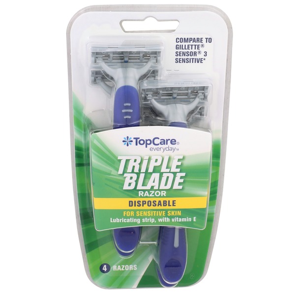 Top Care Men's Triple Blade Disposable Razors for Sensitive Skin (4 ct
