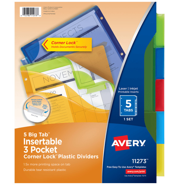 Avery 11273 Multicolor Big Tab 3 Pocket Insertable Plastic Dividers
