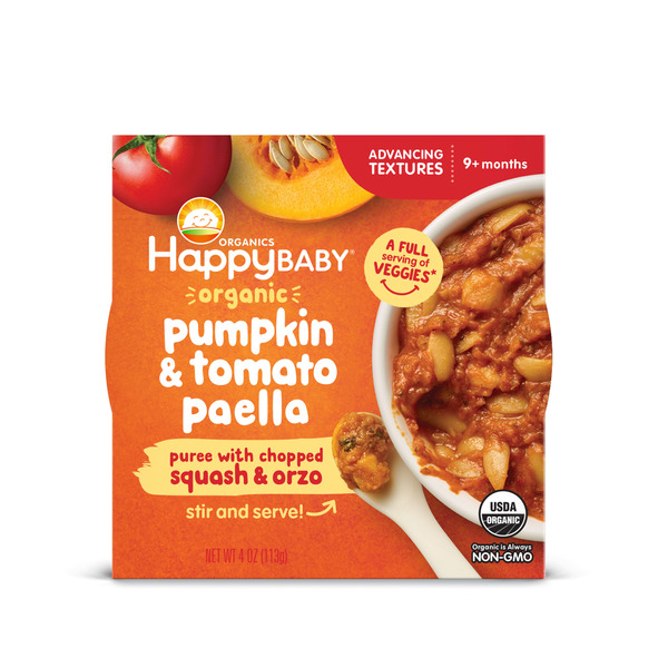 Happy Baby Organics Organics Advancing Texture Bowls, Pumpkin & Tomato Paella Puree with Chopped Squash & Orzo Baby Food Bowl