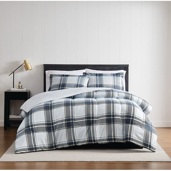 London Fog 3 Piece Nottingham Plaid Comforter Set, King - Navy Blue
