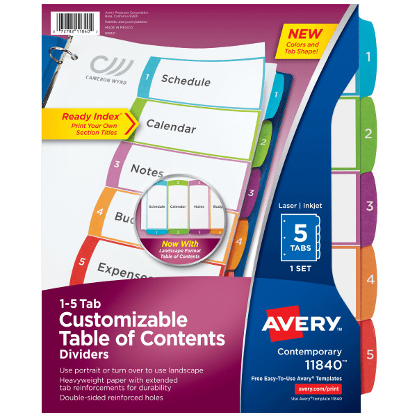 Avery Multicolor 5-Tab Customizable Table Of Contents Ready Index Numeric Paper Divider