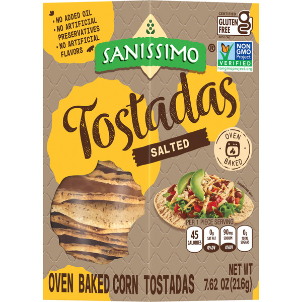 Sanissimo Tostadas Salted, Oven Baked Corn Tostadas, Gluten Free, Non-GMO, 7.61 Ounce Box, Pack of 18 Crackers
