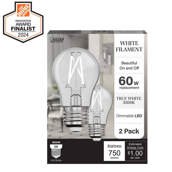 Feit Electric 60-watt Equivalent A15 Dimmable White Filament Cec Clear Glass E26 Led Ceiling Fan Light Bulb, True White 3500k (2-pack)