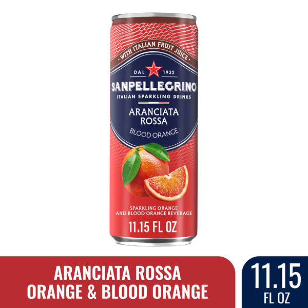 A tall red can labeled 'San Pellegrino Aranciata Rossa' with images of oranges.