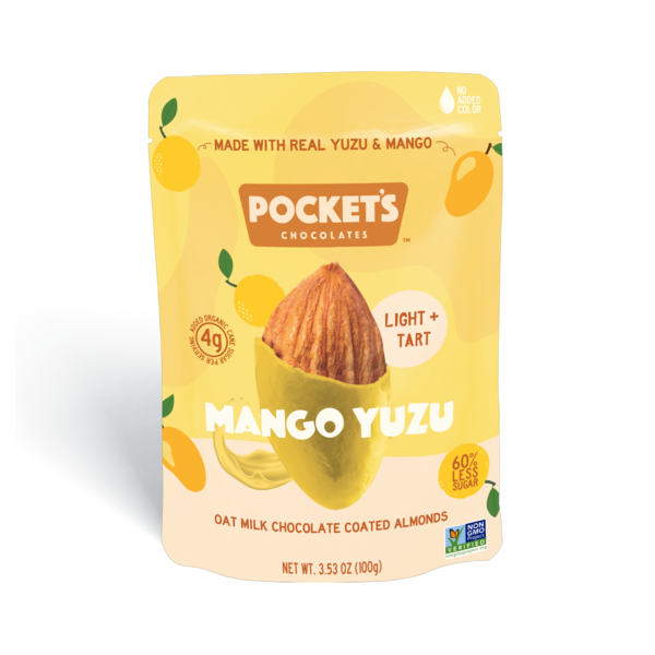 Pocket's Chocolates Oat Milk Chocolate Coated Almonds, Mango Yuzu