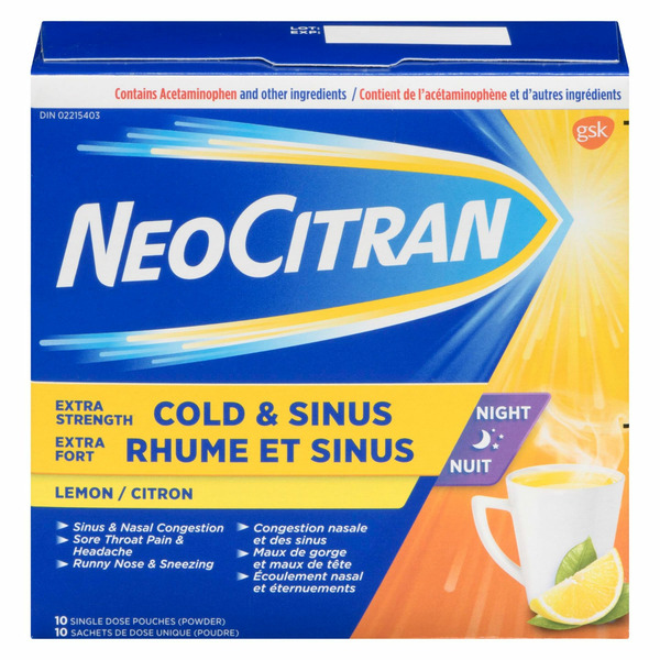 Neotran Cold Remedy NeoCitran Extra Strength Cold & Sinus For Nighttime Relief, Lemon, 10 ...