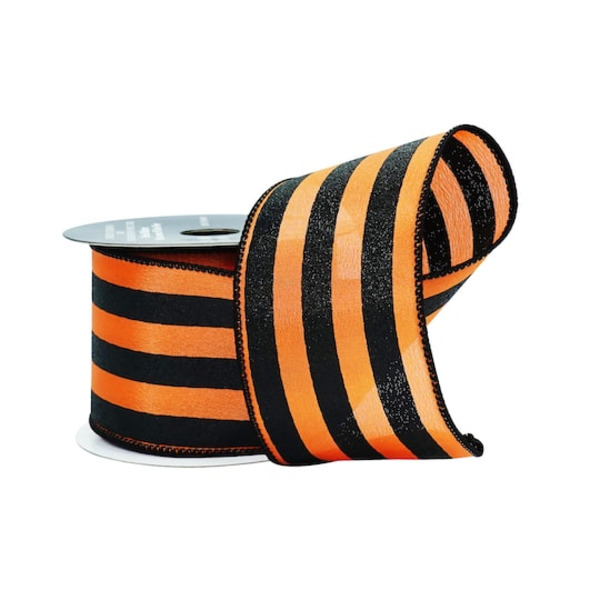 Celebrate It Orange & Black Glitter Stripe Wired Taffeta Ribbon, 2.5 in Width