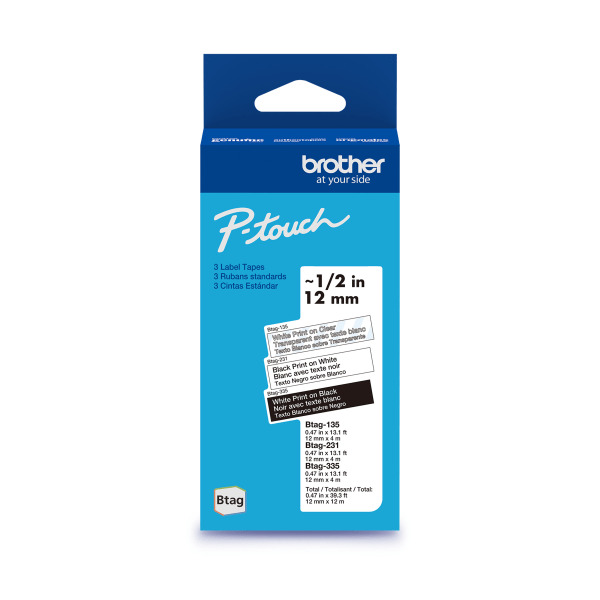 Brother P-Touch Btag Label Tape, 0.47 in x 13.1 ft - Black & White