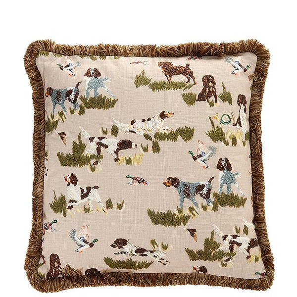 Southern Living Hunting Dogs Mallards Embroidered Fringe Trimmed Square Pillow